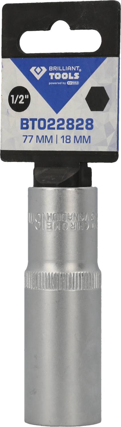 Silberne Stecknuss, 1/2 Zoll, Länge 77 mm, Größe 18 mm, Etikett mit Markennamen.