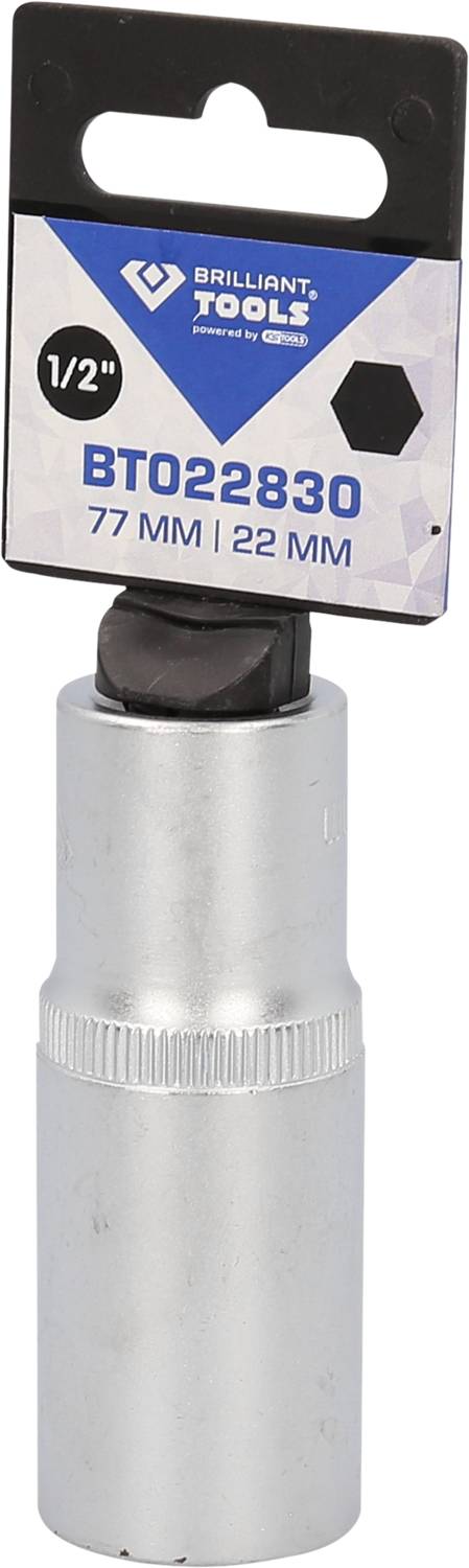 Metall-Spezialnuss mit Schlüsselweite von 22 mm, Länge von 77 mm, 1/2-Zoll-Anschluss. Verpackungsetikett von 'Brilliant Tools'.
