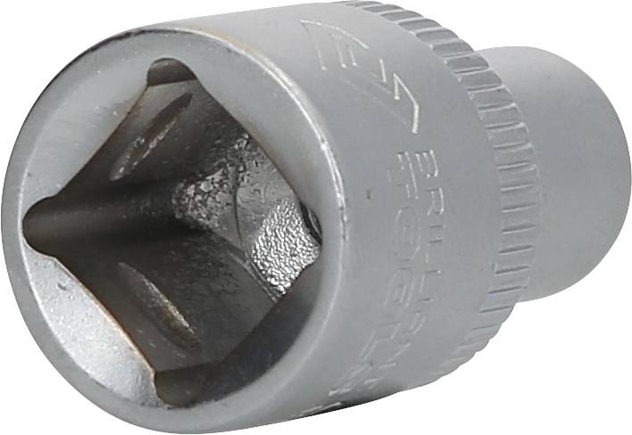 Steckschlüsselaufsatz aus Metall, quadratische Öffnung, leicht abgenutzt; Teil eines Werkzeugsatzes zur Befestigung von Schrauben.