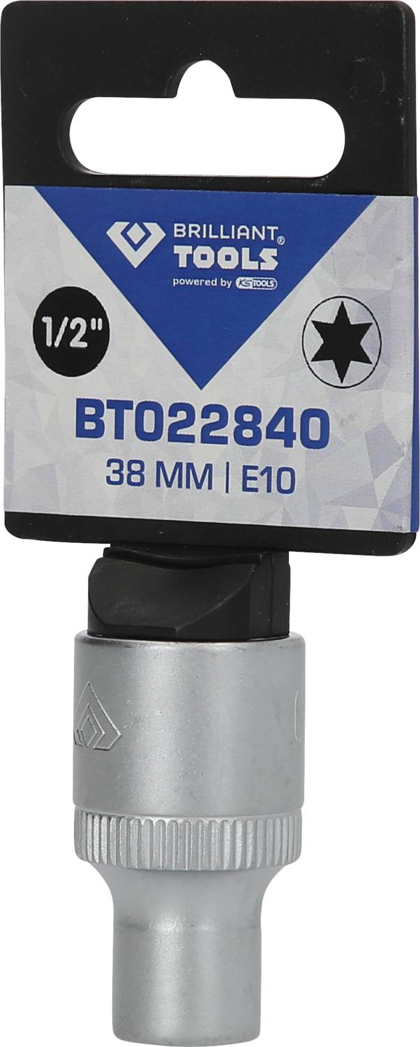 'Brilliant Tools' Stecknuss mit 1/2 Zoll Antrieb, BT022840, 38 mm, E10. Verpackung zeigt Sternsymbol und Produktdetails.