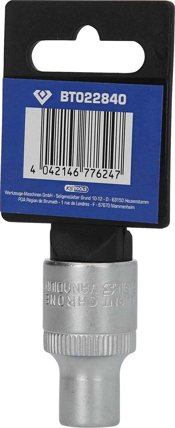 Schraubenschlüssel-Aufsatz mit Halterung und Barcode, Beschriftung 'BT022840', geeignet für spezielle Größen, in blauem Karton.