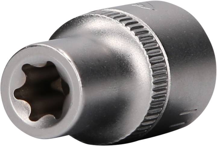 Metallische Sechskant-Stecknuss, leicht glänzend, für Werkzeuganwendungen. Geeignet zur Befestigung oder Lösung von Schrauben.