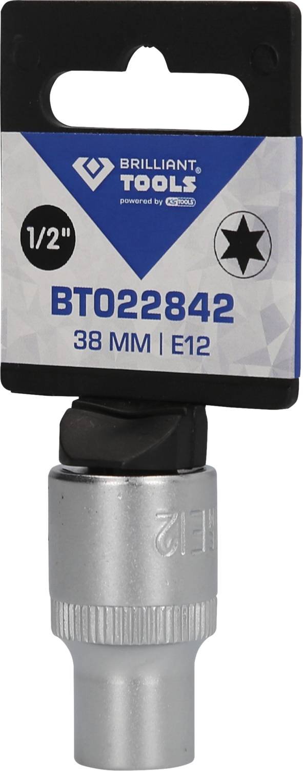 'Brilliant Tools 1/2 Zoll Stecknuss, BT022842, 38 mm, E12' auf Verpackung. Silberne Stecknuss mit dunklem Kunststoffhalter.