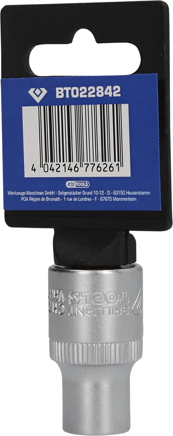 Silberne Stecknuss mit schwarzem Halter, Produktcode BT022842 und Barcode oben auf der Verpackung.