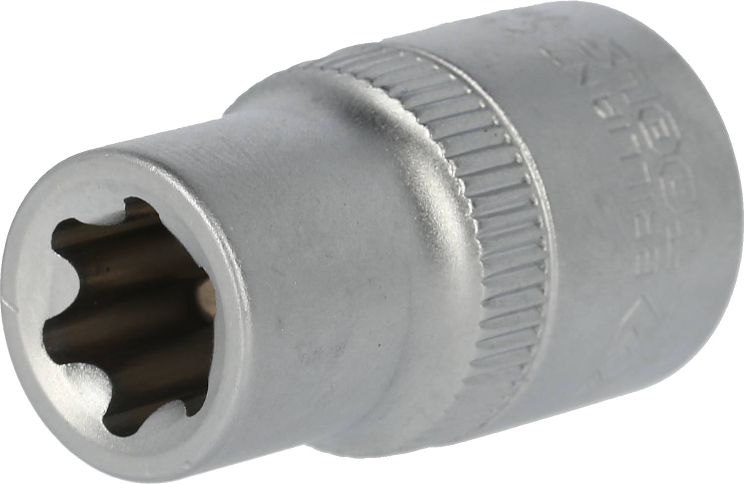 Steckschlüssel mit Torx-Profil in Großaufnahme. Silbernes Metall mit geriffeltem Griff. Werkzeug zur Befestigung von Schrauben.