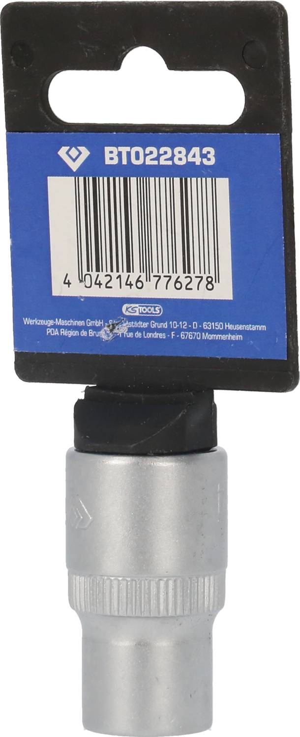 Metall-Steckschlüssel mit schwarzem Kautschukgriff und blauer Verpackung mit der Aufschrift 'BT022843' und Barcode. Geeignet für Werkzeuge.