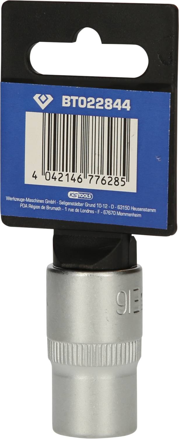 Metalladapter mit Riffelgriff und schwarzer Kunststoffkappe, an einem blauen Karton mit Barcode und der Nummer 'BT022844'.