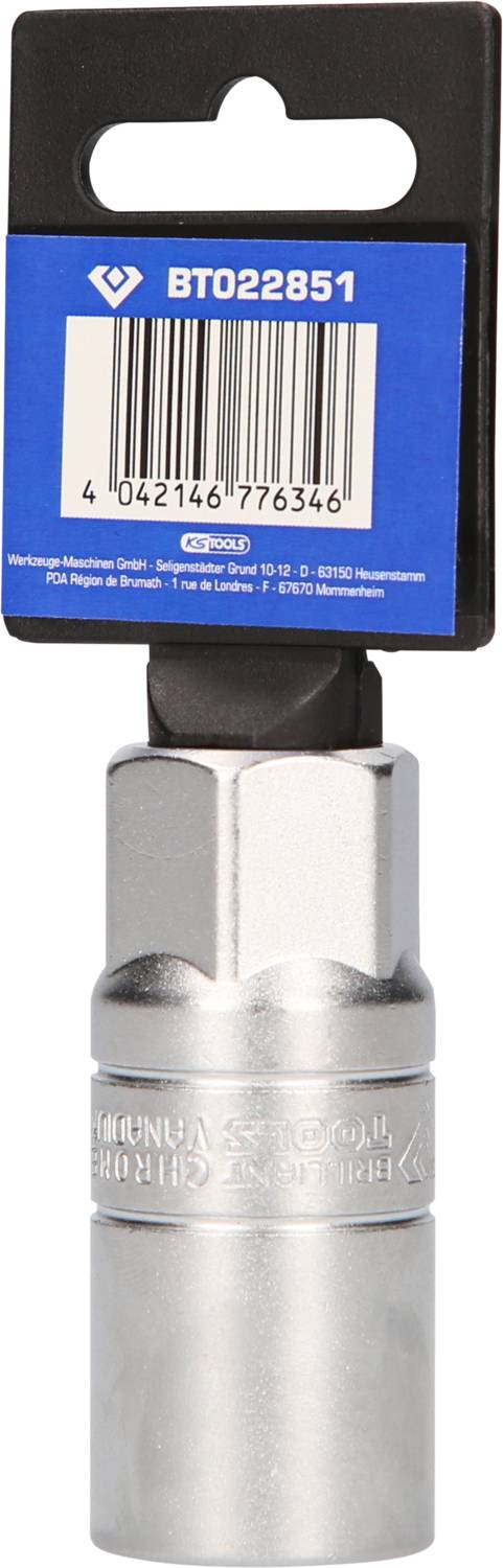 Metallwerkzeug mit sechseckiger Form und blauem Etikett mit der Aufschrift 'BT022851'. EAN-Code unten auf dem Etikett.