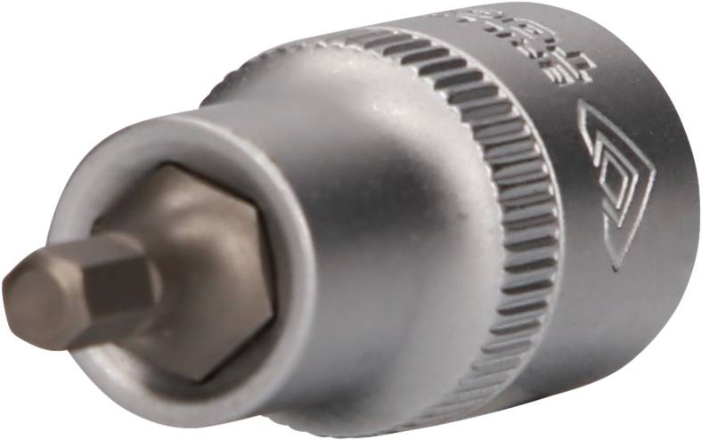 Metallisches Sechskantwerkzeug mit geriffelter Kante, verwendet für mechanische Reparaturen, isoliert vor weißem Hintergrund.