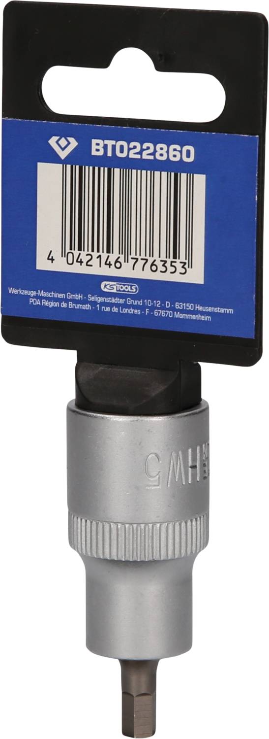 Steckschlüsseleinsatz mit Sechskant-Werkzeug in silberner Farbe und blauer Verpackung mit Barcode und Produktnummer BT022860.