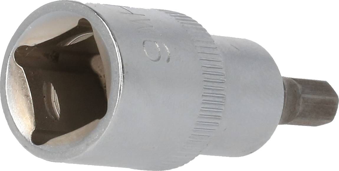 Stecknuss mit 9 mm Größe und 6-kantigem Innenprofil für Hand- oder Maschinenbetrieb. Matt verchromte Oberfläche, gerändelte Grifffläche.