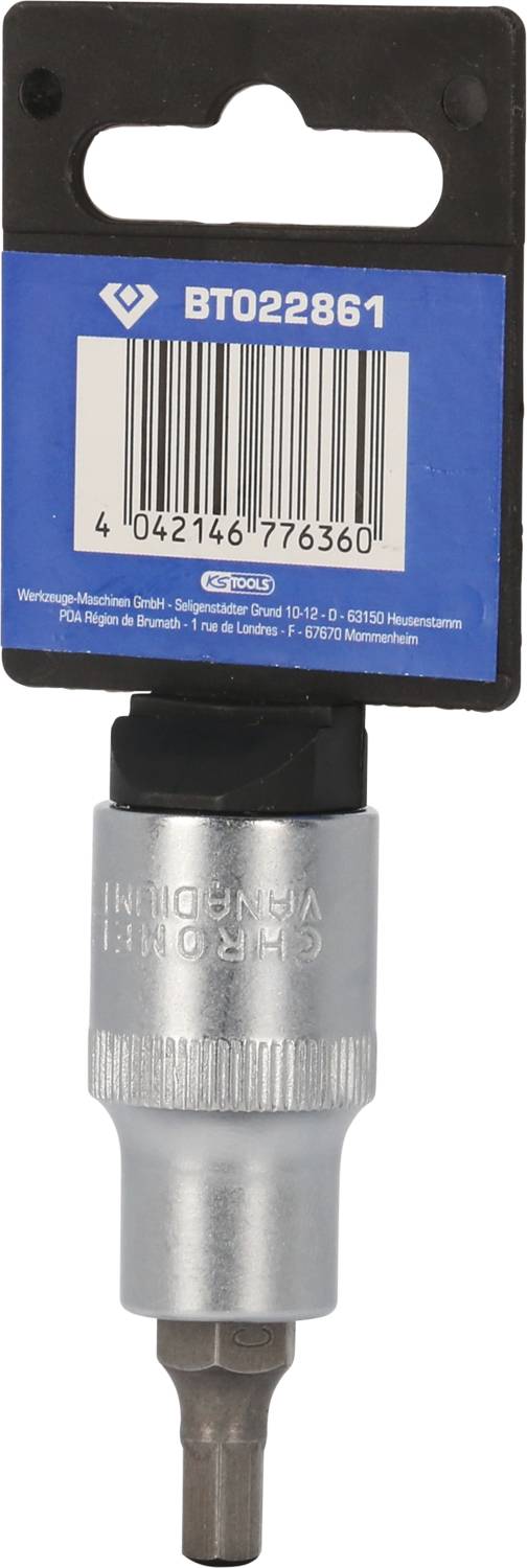 'BT022861' Bitaufsatz mit Barcode. Verpackung in Blau, Hinweistext, silberner Aufsatz mit sechseckigem Bit, Markenlogo.