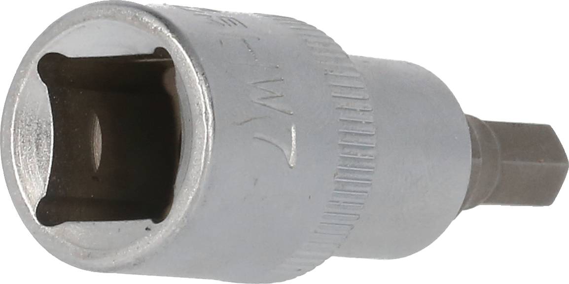 Ein silberfarbener Steckschlüsseleinsatz mit einem Sechskant-Schraubkopf.