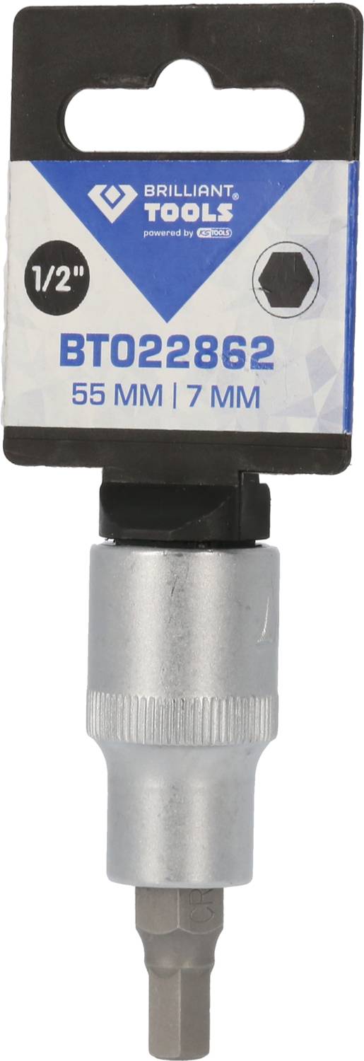 'Brilliant Tools' Steckschlüssel-Bit 55 mm, 1/2 Zoll, 7 mm. Produktverpackung zeigt Werkzeug mit schwarzer und blauer Etikettierung.