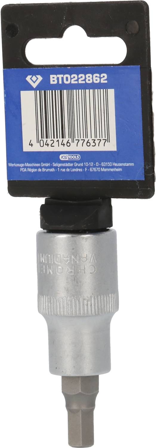 Silberner Sechskant-Bit mit schwarzem Halter und Barcode-Etikett oben. Artikelnummer BT022862.