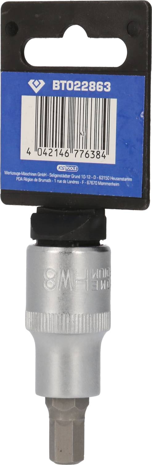 Sechskant-Bit mit 8 mm Größe in einer silbernen Halterung. Verpackung zeigt Produktnummer BT0228863. Geeignet für Werkzeuge.