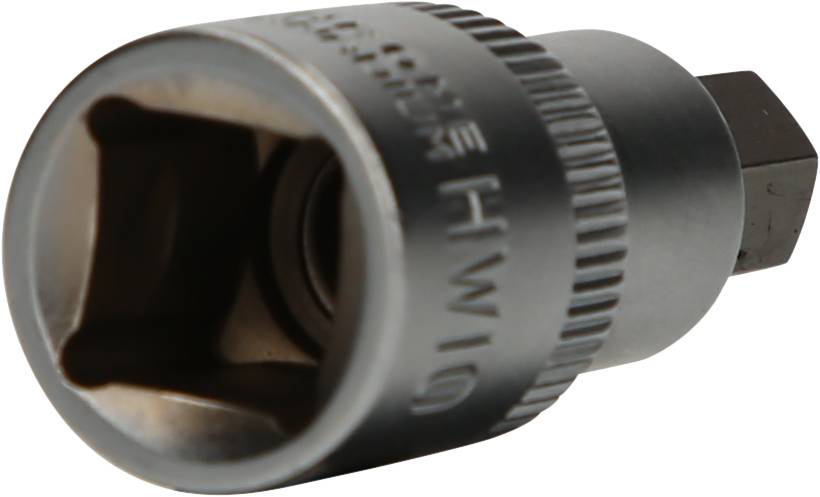 Ein silberner Steckschlüsselaufsatz mit sechskantigem Ende. Das Metall ist leicht matt und robust, geeignet für mechanische Arbeiten.