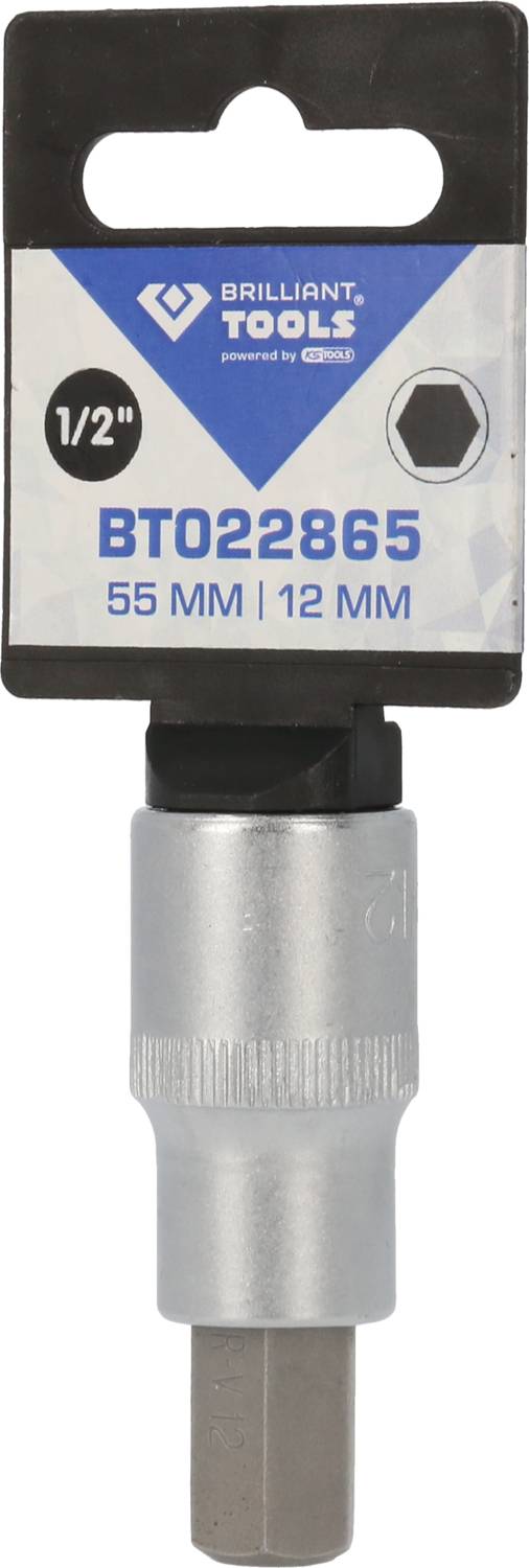Der Bild zeigt ein Brilliant Tools Produkt: einen 55 mm Steckschlüssel mit einer 1/2 Zoll Aufnahme und 12 mm Sechskant.