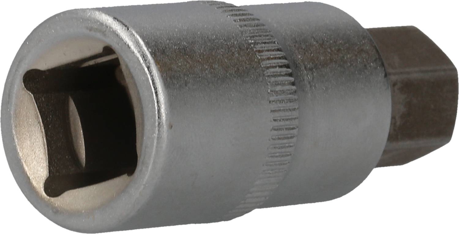 Metallischer Hex-Schraubendreherkopf mit geriffelter Mitte, geeignet für Steckschlüsselsätze.