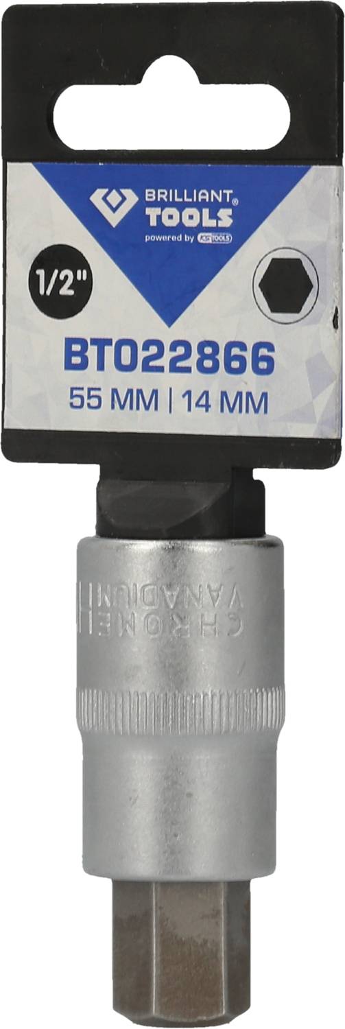 'Brilliant Tools' Stecknuss mit Sechskantprofil, Modellnummer BT022866, Größe 55 mm, 14 mm Antrieb, in silberner Farbe.