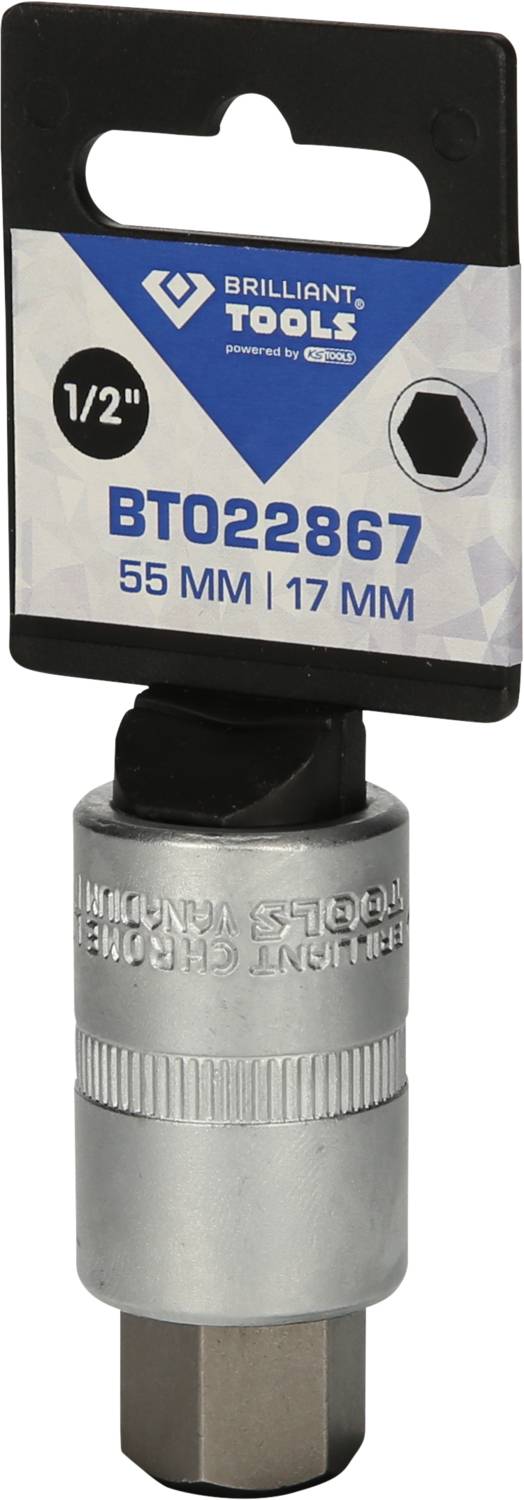 Steckschlüsselaufsatz von Brilliant Tools mit der Bezeichnung BT022867, geeignet für 1/2 Zoll-Antriebe, Größe 55 mm und 17 mm.