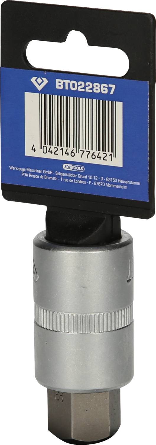 Silverner Steckschlüssel, verpackt im Kunststoffhalter mit blauer Rückseite und Barcode. Produktnummer: BT022867