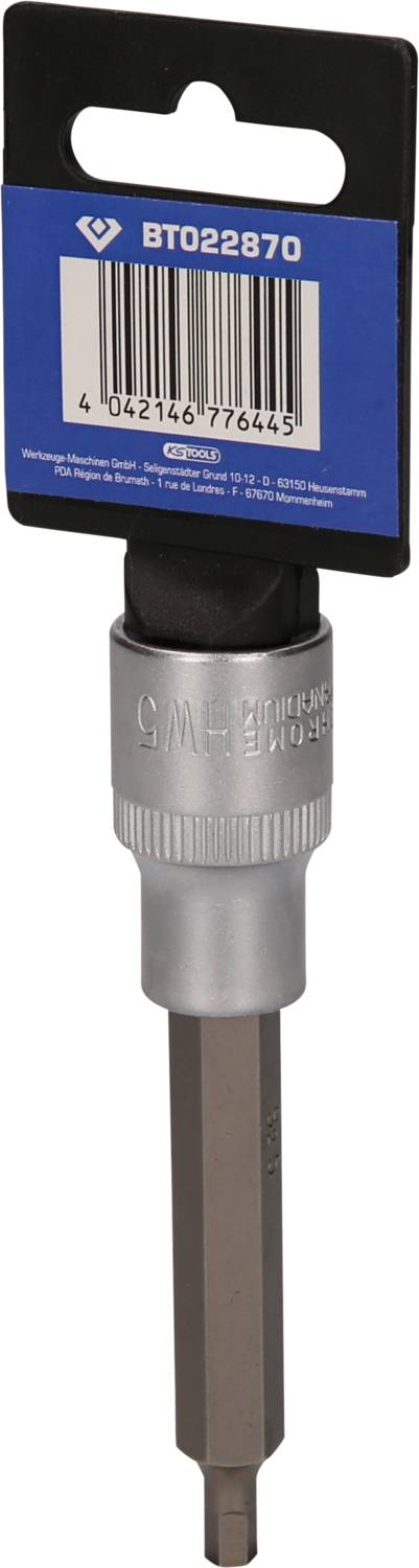 Ein Steckschlüssel mit Verpackung, auf der eine Produktnummer und ein Barcode zu sehen sind. Werkzeug zur Befestigung von Schrauben.