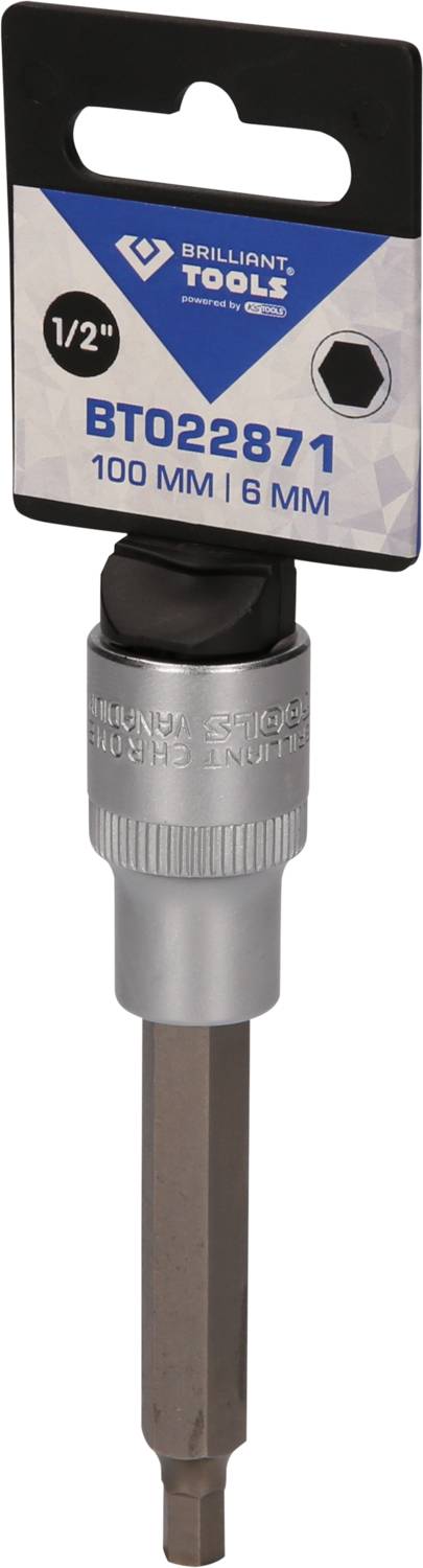Stecknuss-Bit 'Brilliant Tools' mit 1/2-Zoll-Antrieb, 100 mm Länge und 6 mm Sechskantprofil, ideal für Schraubarbeiten.