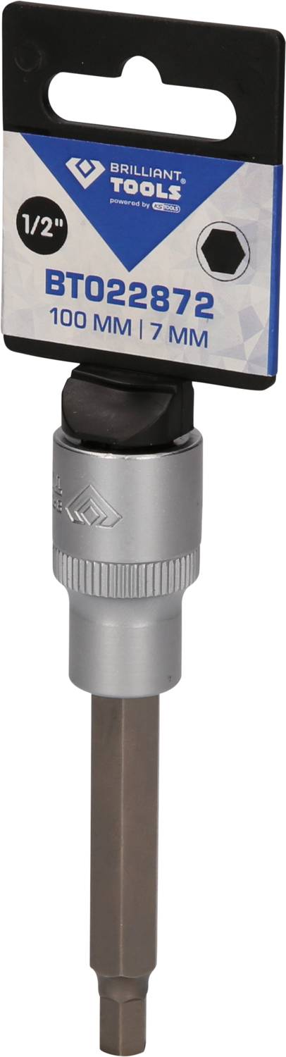 Stecknuss-Einsatz von Brilliant Tools, Modellnummer BT022872, 1/2 Zoll Antrieb, 100 mm Länge, 7 mm Sechskant.