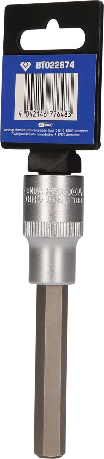 Steckschlüssel, Sechskantschaft, silberne Metallfassung mit blauer Verpackung und Produktcode 'BT022874', Barcode darunter.