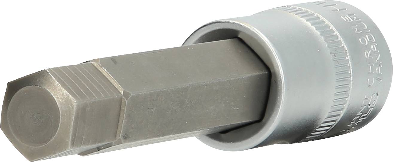 Ein silberner 10 mm Sechskant-Bit für Steckschlüssel. Er besteht aus Stahl und hat eine abgerundete Spitze für präzise Passform.