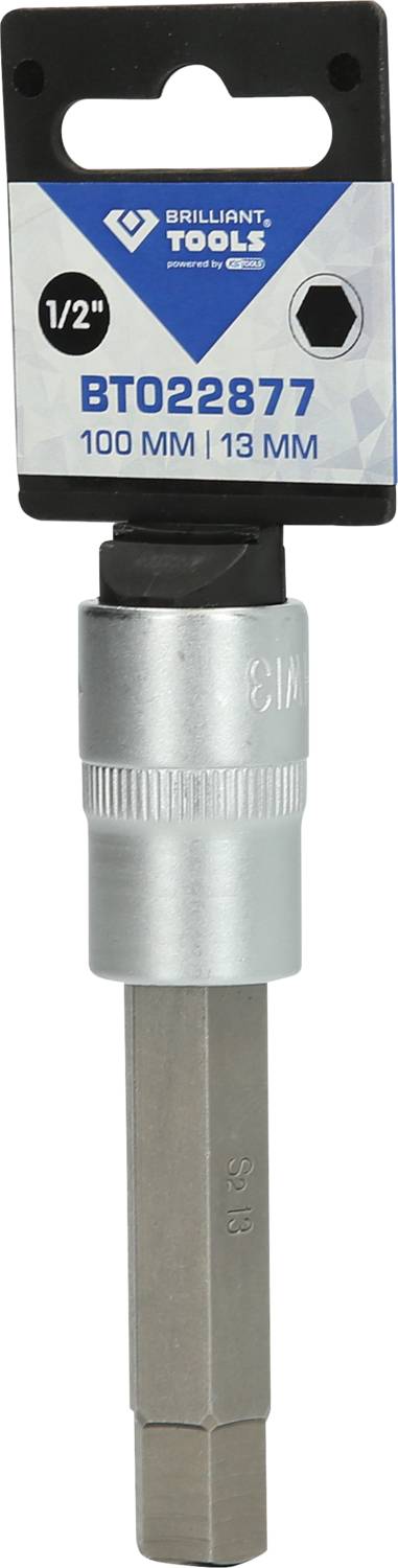 Sechskant-Bithalter für Schraubendreher. Größe: 1/2' mit einer Länge von 100 mm und einem Durchmesser von 13 mm. Hersteller: Brilliant Tools.