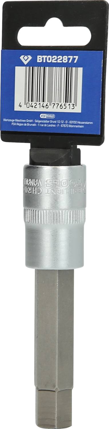 Ein silberner Schraubendreheraufsatz mit sechseckigem Schaft, geeignet für spezielle Schrauben, auf einer blauen Produktverpackung.