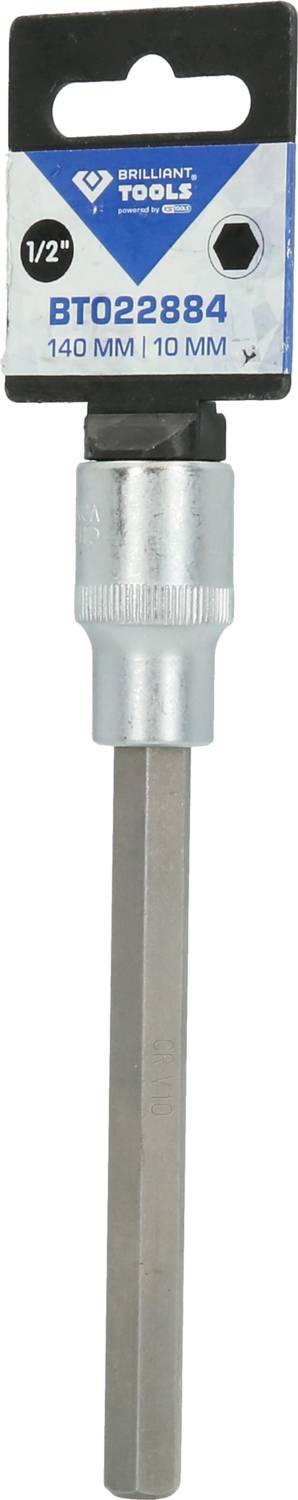 Ein Bitsockel-Werkzeug mit Sechskant. Auf der Verpackung steht 'BT022884', Länge: '140 mm', Antrieb: '10 mm'.