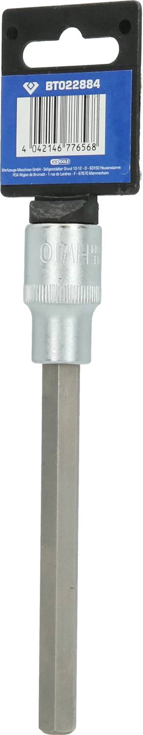 Bohreraufsatz mit sechseckigem Schaft und silberner Halterung, befestigt an einer blauen Verpackung mit Barcode.