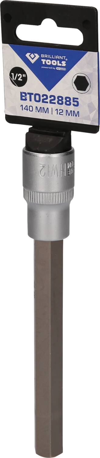 'Brilliant Tools'-Bit-Verlängerung, 140 mm, 1/2 Zoll, silberfarben. Verpackung oben mit Markenlogo und Produktinformationen.