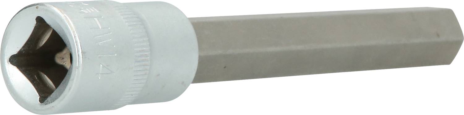 Ein silberner Steckschlüsselaufsatz mit sechseckigem Stiel, gedreht für eine diagonale Ansicht. Der Aufsatz zeigt Beschriftungen am Rand.