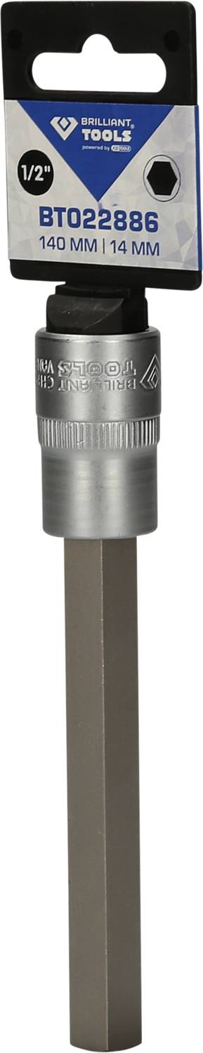 Sechskantschlüssel-Aufsatz mit der Aufschrift 'BT022886, 140 mm, 1/4' auf der Verpackung von Brilliant Tools.