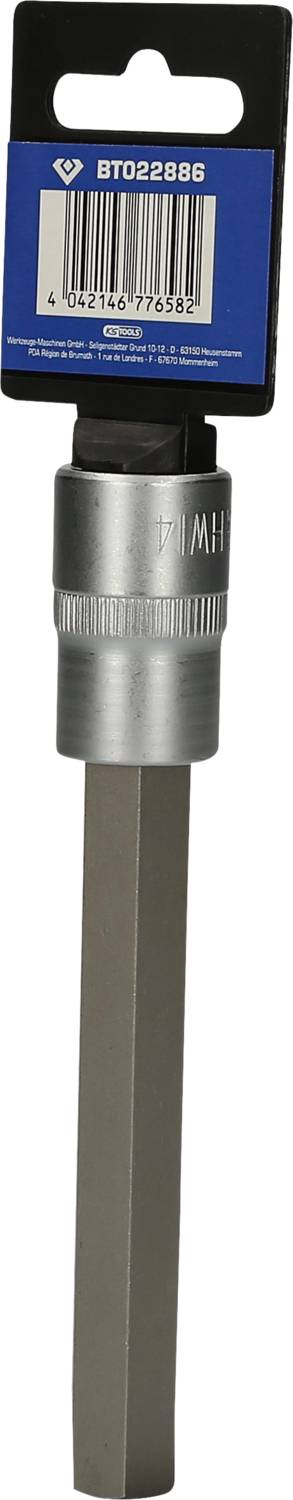 Bitschlüssel mit langem Schaft und sechseckigem Ende. Eignet sich für spezielle Schraubarbeiten. Oberer Bereich hat Barcode und Produktnummer.