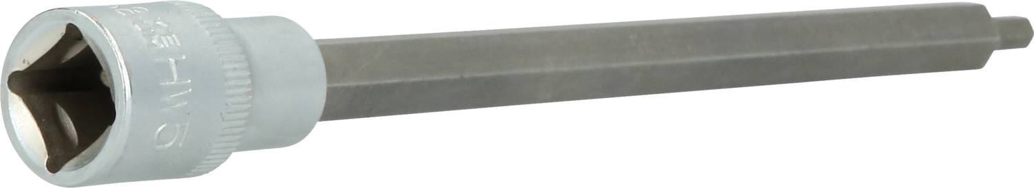 Ein langer, metallischer Steckschlüssel mit sechskantiger Aufnahme und hellem Griff, geeignet für den Einsatz mit Schrauben.