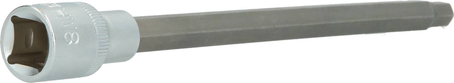 Ein Steckschlüssel mit langem, sechskantigem Schaft und silbernem Kopf, oft für schwer zugängliche Schrauben verwendet.