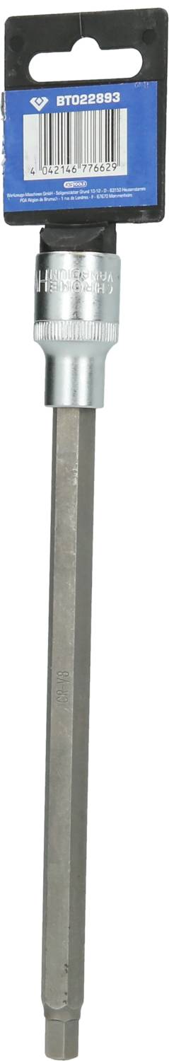 Inbusschlüssel im Werkzeughalter, stechend graues Metall mit schwarzem Plastikgriff und Etikett, aufrecht präsentiert.