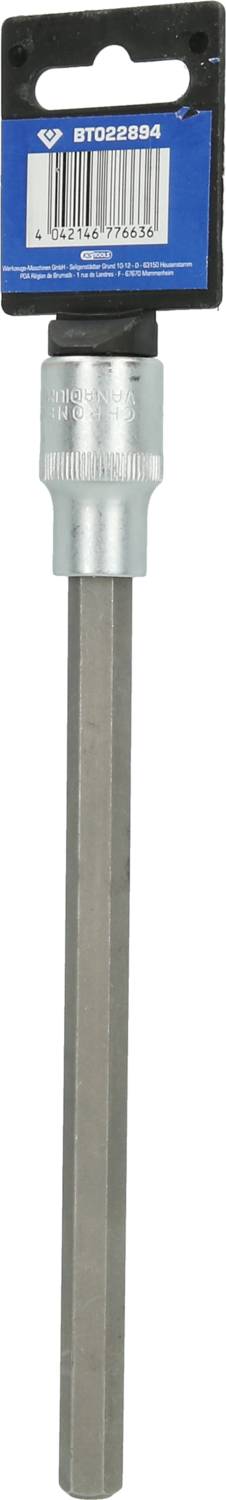 Sechskant-Schraubendrehereinsatz mit langem Schaft, geeignet für schwere Arbeiten. Verpackt mit Barcode, Marke sichtbar am Etikett.