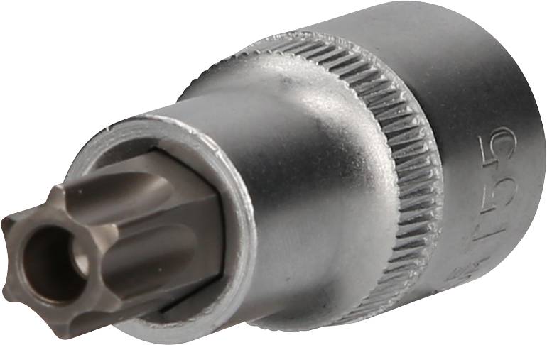 Ein silberner Bitaufsatz mit einem sternförmigen Profil zur Verwendung mit einem Schraubendreher oder einer Ratsche.