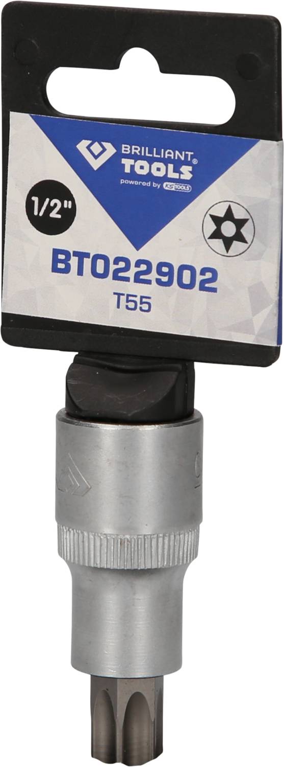 'Brilliant Tools' T55 Torx-Bit, 1/2-Zoll Größe, Metall, in einer Verpackung.