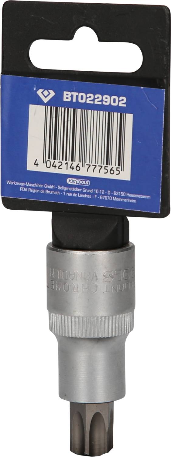 Auswechselbarer Schraubeinsatz in Metallfassung, verpackt in blau-schwarzem Karton mit Seriennummer BTO22902.