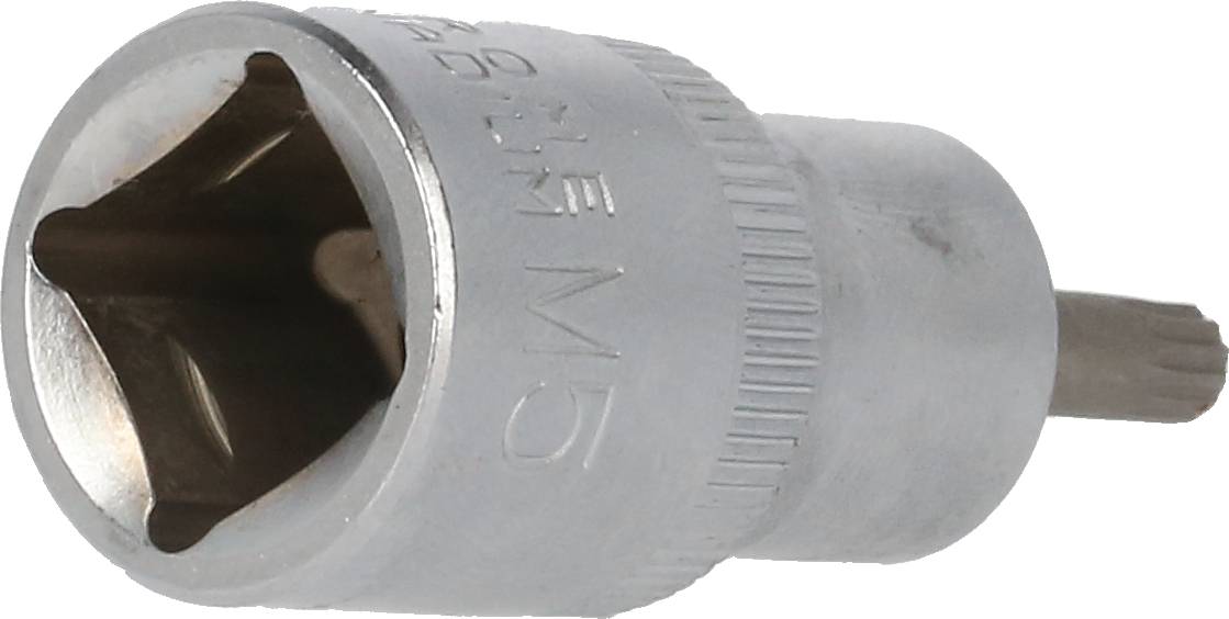 Steckschlüsselaufsatz aus Metall mit sechskantiger Öffnung, geeignet für Schrauben oder Muttern, auf weißem Hintergrund.