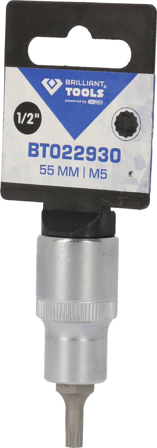 Ein Steckschlüssel-Bit von Brilliant Tools, Größe 1/2 Zoll, Modellnummer BT022930, Länge 55 mm, Typ M5. Verpackt zum Verkauf.