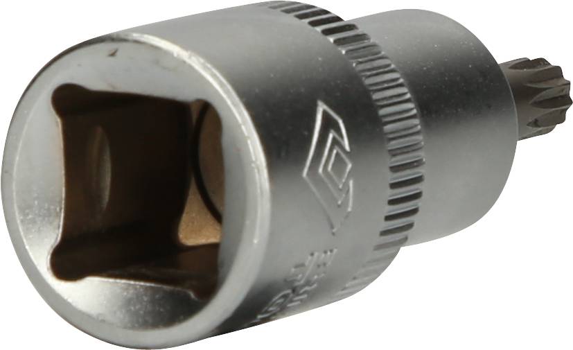 Metallschraubenschlüssel von oben, zylinderförmig mit gezacktem Griffmuster. Eignet sich zum Lösen von Schrauben mit Innenvierkant.