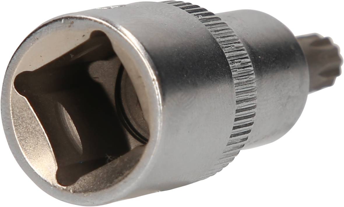 Nahaufnahme eines silbernen Schraubendreherbits, zylindrische Form, gerändelte Kante für verbesserten Griff.